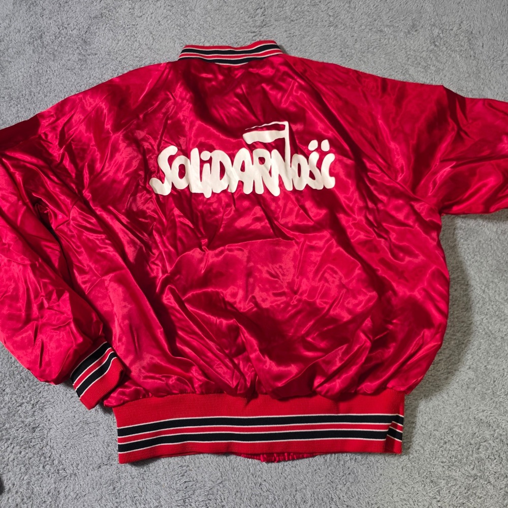 Pla-Jac Mens L Bomber Jacket Red Polish Solidarity Eagle Satin Vintage 80s USA